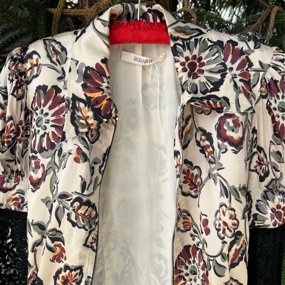 Rodarte White and Burgundy Floral Print Silk Charmeuse Blouse with Collar | FW16 - Picture 11 of 16